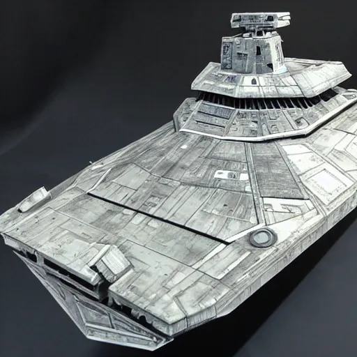 Image similar to a Star Wars imperial destroyer, huge, lot of details, greebles and nurnies and activity lights, symmetrical, realistic