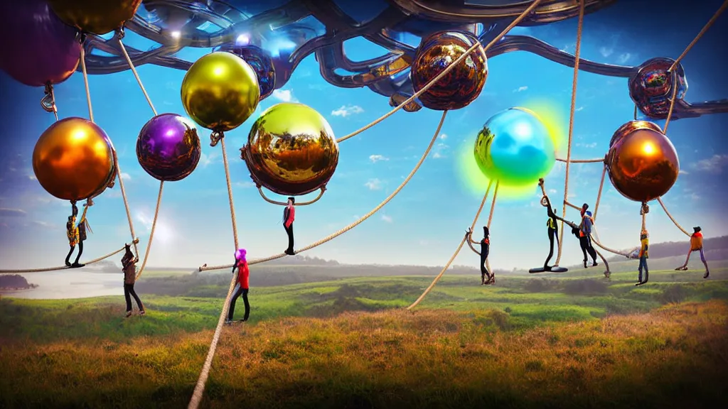 Prompt: large colorful futuristic space age metallic steampunk balloons with pipework and people on rope swings underneath, flying high over the beautiful countryside landscape, professional photography, 8 0 mm telephoto lens, realistic, detailed, digital art, unreal engine