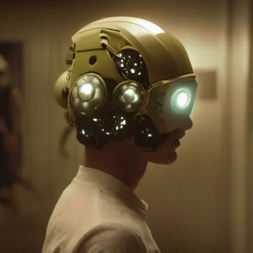 Image similar to movie still of a youth with a cyborg plants flowers helmet, cinematic composition, cinematic light, by edgar wright and david lynch