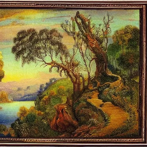 Image similar to A beautiful print of a landscape. It is a stylized and colorful view of an idyllic, dreamlike world with rolling hills, peaceful looking animals, and a flowing river. The scene looks like it could be from another planet, or perhaps a fairy tale. pottery by Gustave Moreau neat