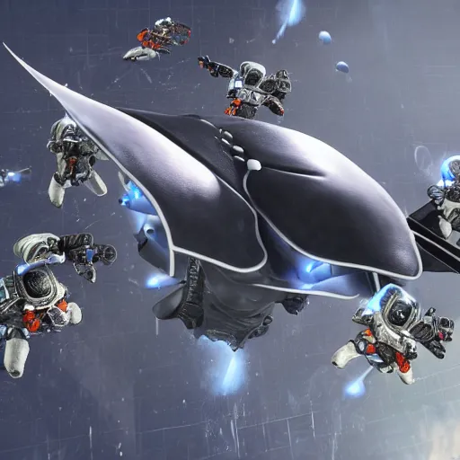 Image similar to 4 SPACE marines shooting a flying manta ray on a decapitated gothic spaceship hyperrealistic