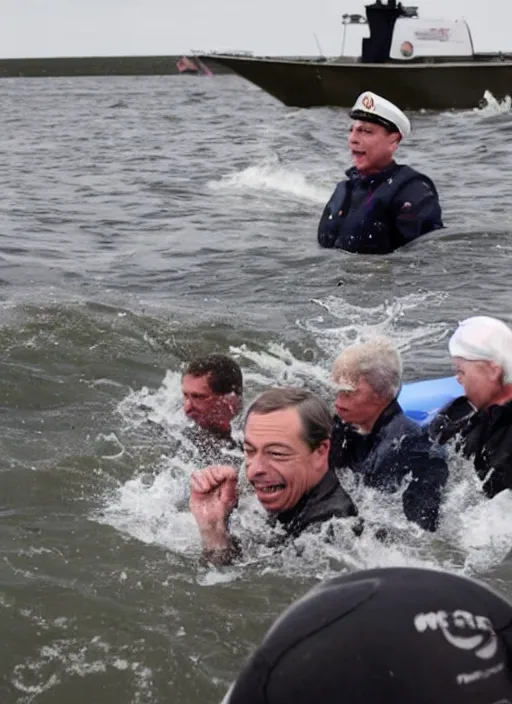 Prompt: Photograph of Nigel Farage crossing the British Channel in a sinking dingy, drowning, realistic, high quality, photography