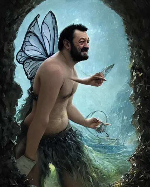 Image similar to matteo salvini as a fairy, hyper realistic face, beautiful eyes, fantasy art, in the style of greg rutkowski, intricate, hyper detailed, smooth