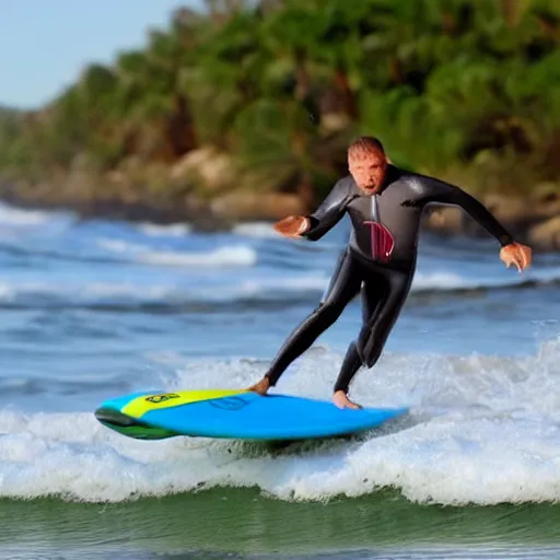 Image similar to action picture of a man surfing a wave using an ironing board