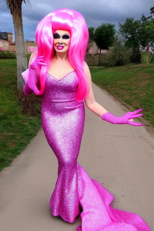 Prompt: sassy drag queen wearing: pink glitter mermaid gown, satin gloves, huge pink wig with bouffant hairdo, hairbow, high heels