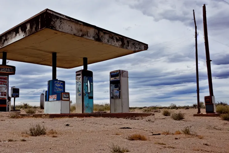 Prompt: an abandoned gas station in new mexico