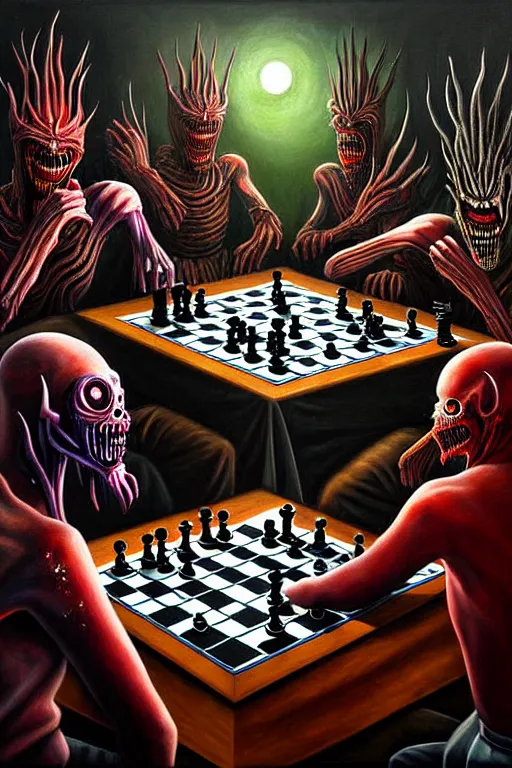 Prompt: a hyperrealistic painting of a game of chess played by nightmare creatures, cinematic horror by jimmy alonzo, the art of skinner, highly detailed, vivid color,