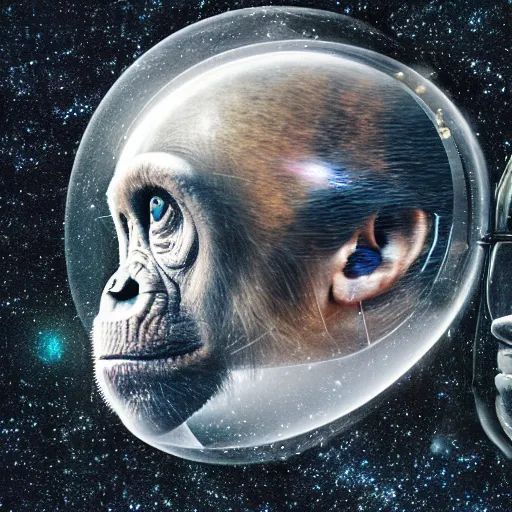 Prompt: double exposure portrait of astronaut and a chimpanzee astronaut with space and time in the the background by davinci, circles, psychedelic, pencil art, high definition, dynamic lighting stars, sharpness, golden ratio