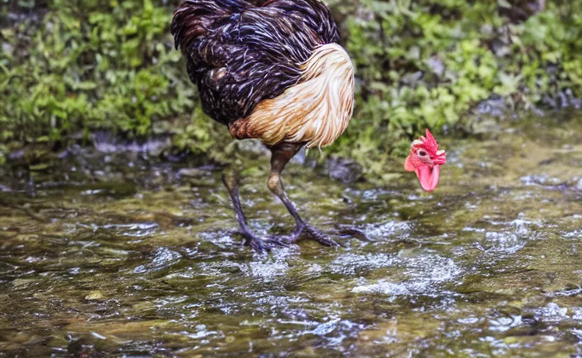 Prompt: Photograph of a chicken drinking from a river