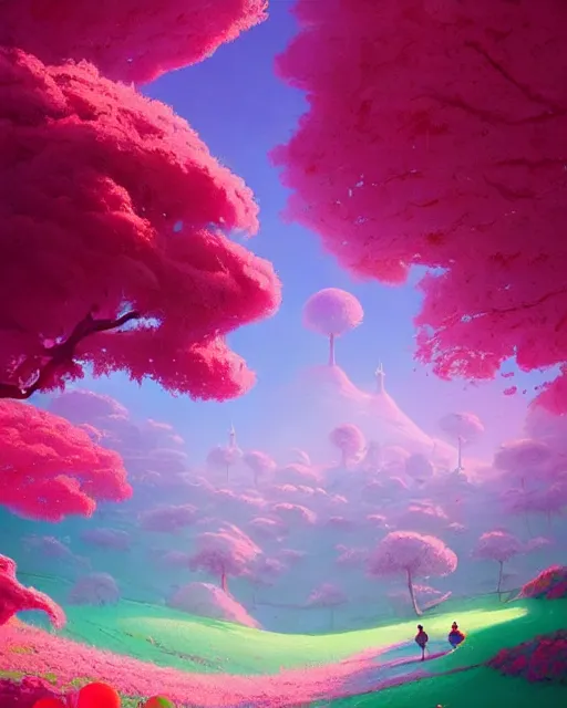 Image similar to candyland landscape | cherry - blossoms | highly detailed | very intricate | fantasy whimsical magical | soft bright natural morning light | pixar | award - winning | matte painting by anton fadeev and paul lehr and rhads and alena aenami | pastel color palette | featured on artstation
