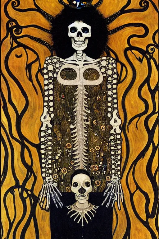 Image similar to skeleton queen, symbolism paintimg of vienna secession movement. in gustav klimt style 1 9 0 1, judith and the head of holofernes