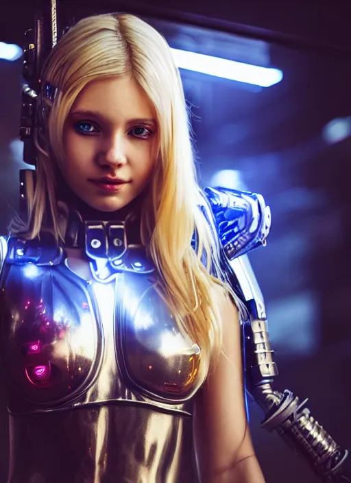 Image similar to photo of a cute blonde girl in cyberpunk city wearing plastic armor, realistic, sharp focus, 8 k high definition, insanely detailed, intricate, elegant, artgerm, greg kutkowski, high contrast dramatic lighting