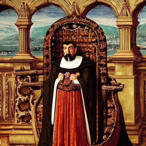 Image similar to A still of Mr. bean depicted as a medieval king on a throne, renaissance oil painting