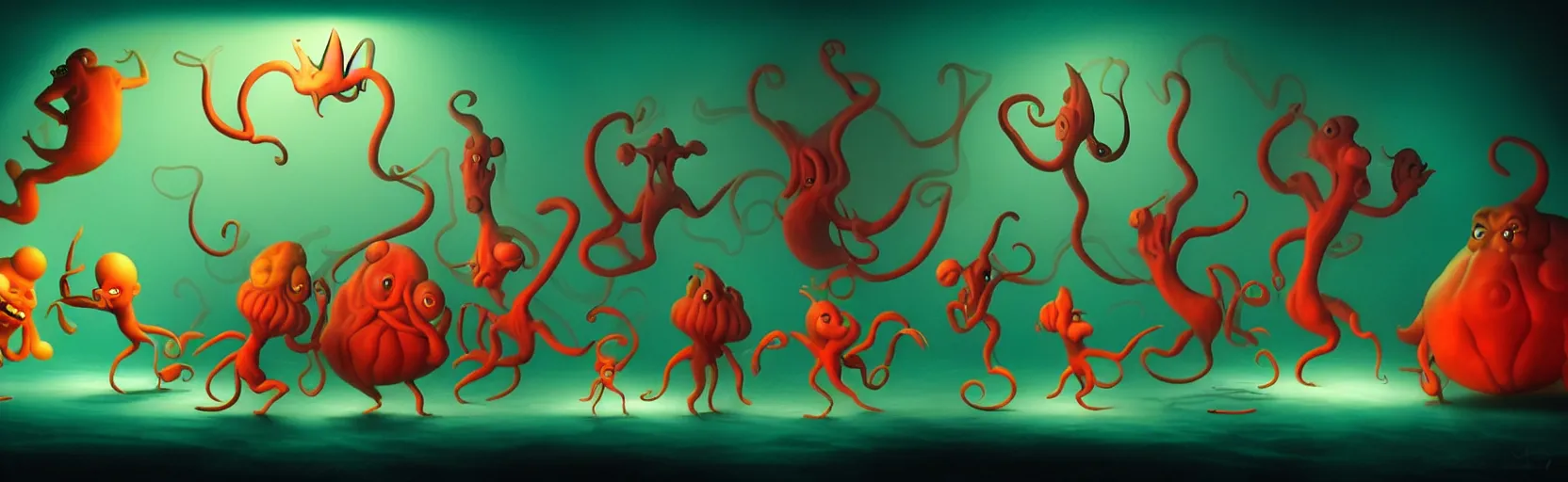 Image similar to whimsical unanny creatures from the depths of imaginal sea, dramatic lighting, surreal fleischer cartoon characters