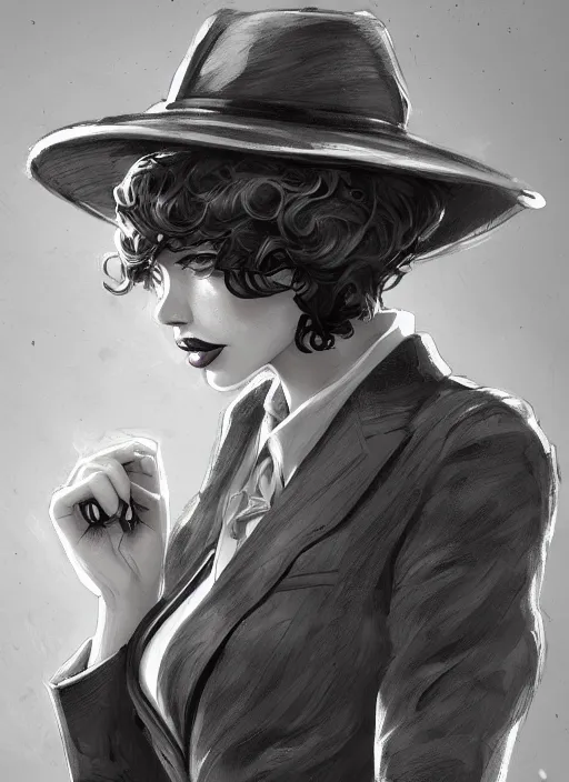 Image similar to a highly detailed illustration of curly short haired girl wearing noir hat and suit and tie, dramatic smiling pose, intricate, elegant, highly detailed, centered, digital painting, artstation, concept art, smooth, sharp focus, league of legends concept art, WLOP