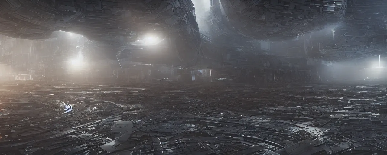 Image similar to dark scifi megastructure, octane render, volumetric lighting