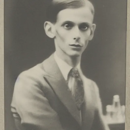 Image similar to 1930s portrait of a young anorexic man with shoulder length hair and extravagant clothes