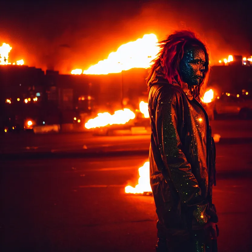 Image similar to Cinestill 50d candid photography of a city on fire, extreme wide shot of a poor techwear mixed woman wearing thick mascara and dark glitter makeup crying outside of a city on fire, tattoos, extreme long shot, full shot, blurry, 4k, 8k, hd, full color