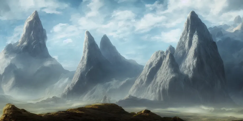 Image similar to peaceful clouds, mountain range with huge cliffs, epic, matte painting, concept art, 4k