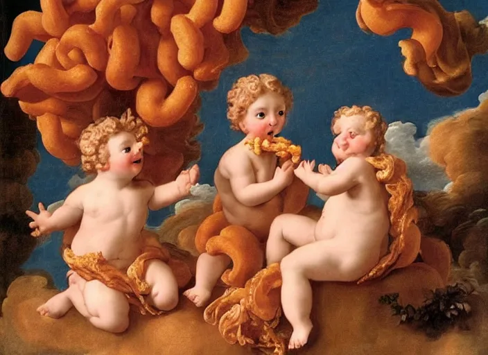 Prompt: cherubs eating cheeto's, extremely detailed, a baroque painting, rococo style