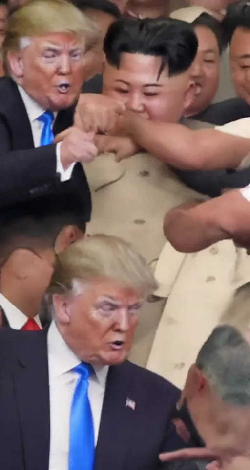 Image similar to blurry cell phone recording of donald trump punching kim jong un in the face