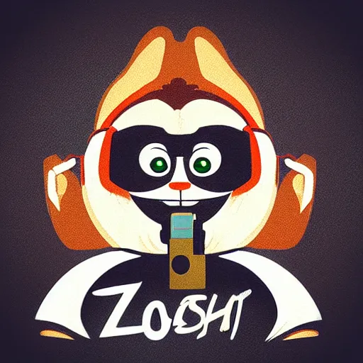 Image similar to “ logo of a upside down monkey in the style of zootopia holding laser gun, with a black background, digital art, award winning, trending on art station, retro style ”