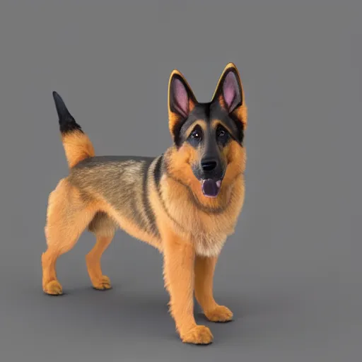 Image similar to 3 d model of a rainbow german shepherd, octane render, raytraced