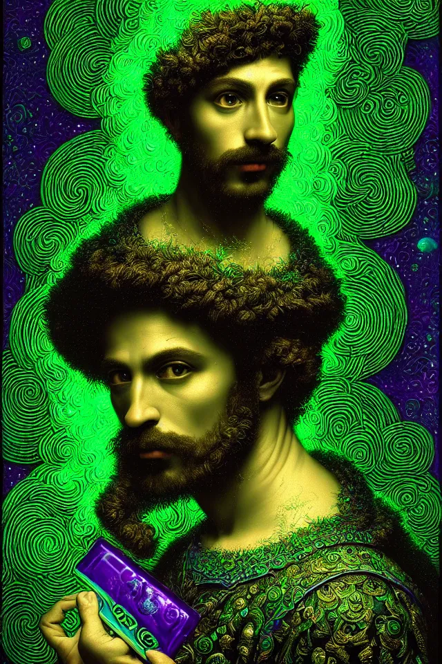 Image similar to bizarre green purple teal blacklight detailed renaissance portrait of mario as a highly detailed realistic real life, dramatic cinematic lighting, 8 k, beautiful intricate painting by james r eads and tomasz alen kopera
