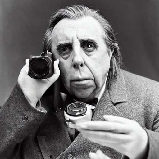 Prompt: Timothy Spall as Simon Graham (The Last Samurai) holding an old-fashioned camera from the 1800's, studio photograph