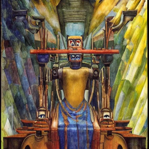 Image similar to the robot on the forest throne, by Annie Swynnerton and Diego Rivera, symbolist, dramatic lighting, elaborate geometric ornament, Art Brut ,god rays, soft cool colors,smooth, sharp focus, extremely detailed, Adolf Wölfli