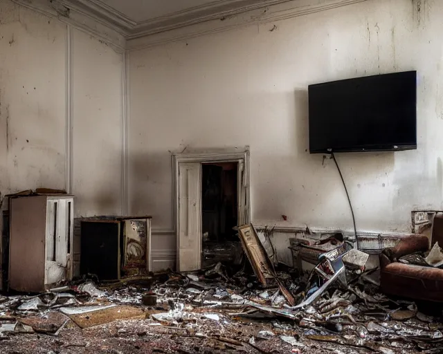 Prompt: Award winning photo of a living room of a flat abandoned 5 years ago, urban exploring, 4k, high quality