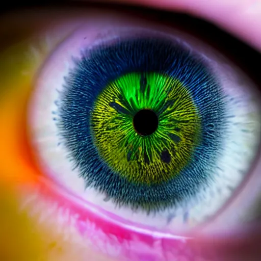 Prompt: A close up of a human eye, with the iris and pupil clearly visible, in bright colors.