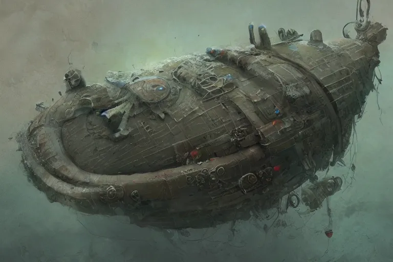 Prompt: mixed media artwork of a submarine underwater by Shaun Tan and Craig Mullins, intricately deteailed, trending on artstation
