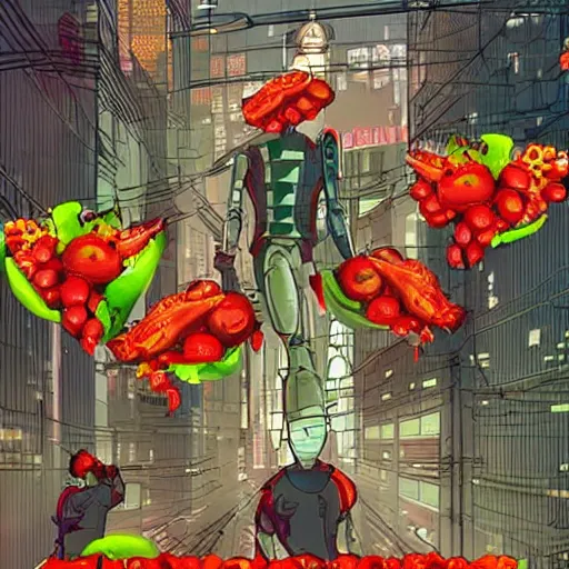 Image similar to attack of the killer's tomatoes. cyberpunk style
