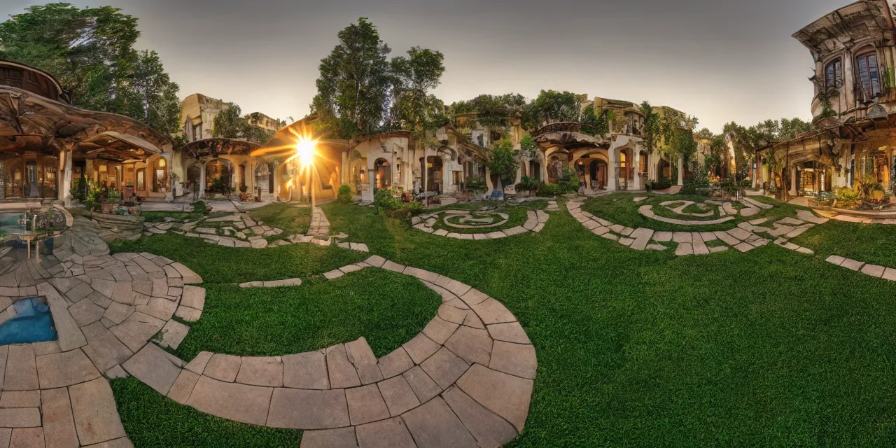 Prompt: equirectangular, 3 6 0, courtyard, vine, golden hour, beautiful!!!!!!!