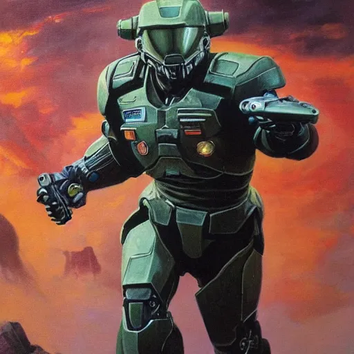 Prompt: ultra realistic portrait painting of zion williams as master chief, art by frank frazetta, 4 k, ultra realistic, highly detailed, epic lighting