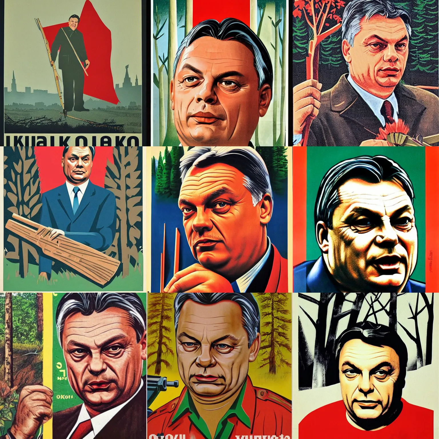 Prompt: soviet poster of viktor orban, highly detailed face, holding wood saw, forest in background