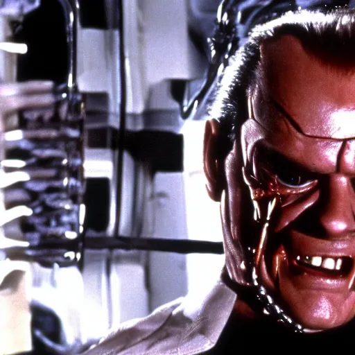 Prompt: Jack Nicholson plays Terminator, scene where his endoskeleton is exposed