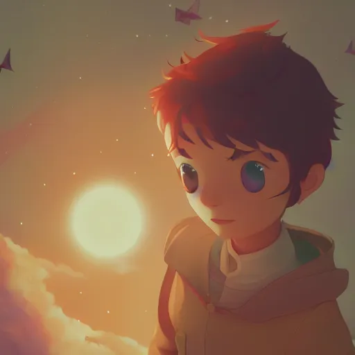 Image similar to Antoine de Saint-Exupéry as The Little Prince, ambient lighting, 4k, anime key visual, lois van baarle, ilya kuvshinov, rossdraws, artstation