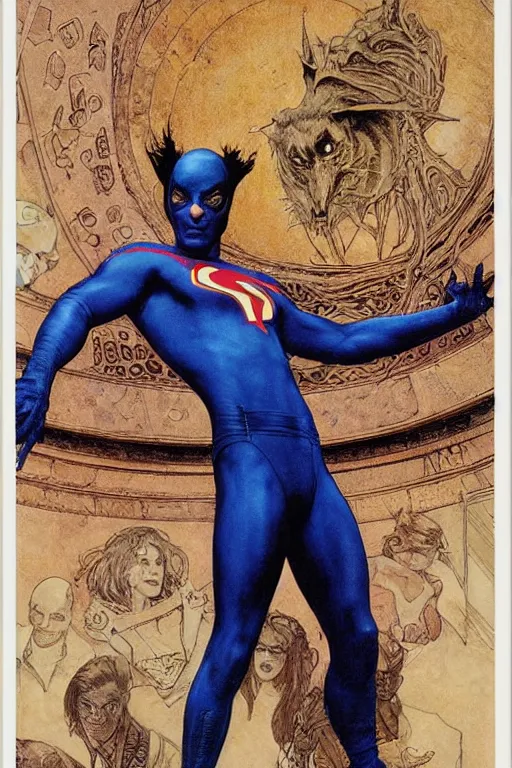 Image similar to full length portrait of udo kier as marvel nightcrawler by lawrence alma tadema, rick berry, norman rockwell, jason fabok. greg staples, nc wyeth, jack kirby, tom lovell