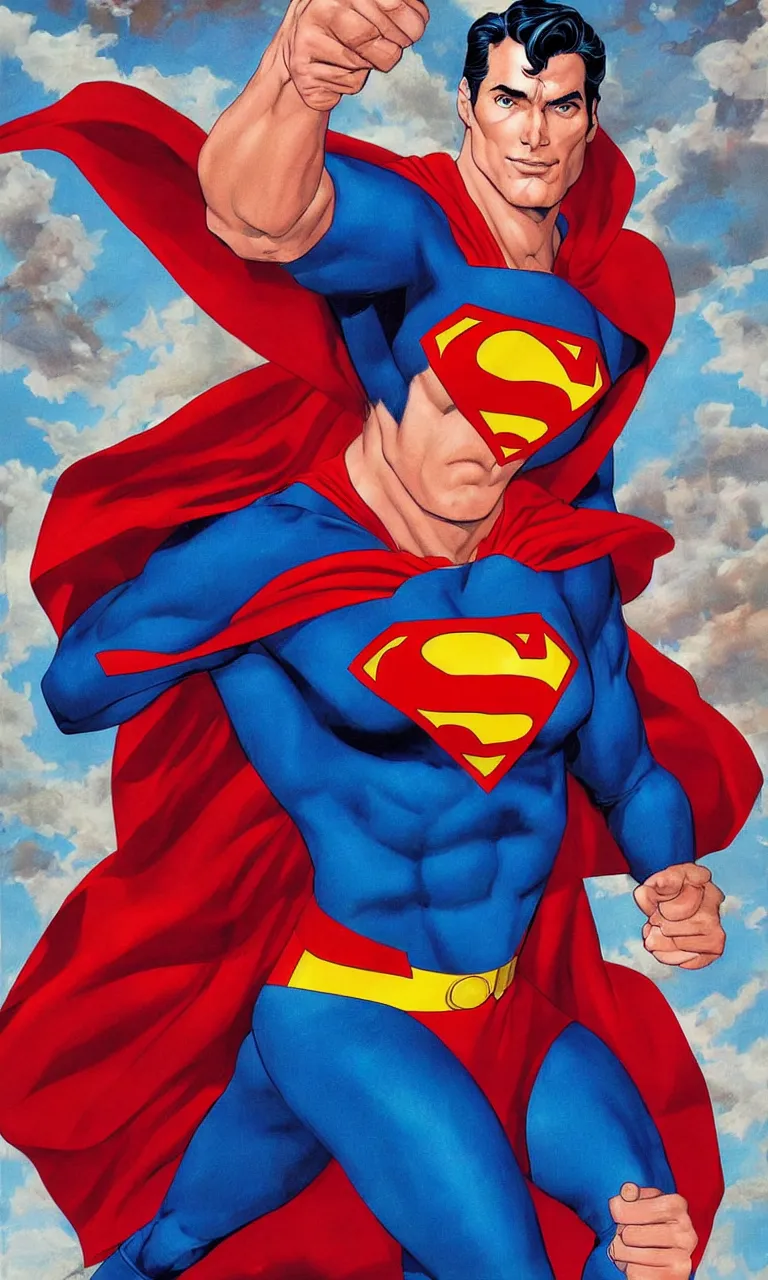 Prompt: a famous handsome actor as superman by alex ross