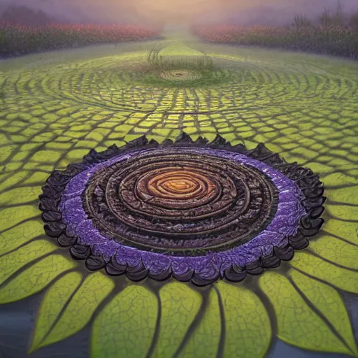Image similar to a beautiful and detailed picture of a field of black lotus flowers with petals in a fibonacci sequence, in the style of magic the gathering, highly detailed, digital painting, god rays, volumetric lighting, octane render, 4 k resolution, art by adam paquette and johann bodin and jason rainville
