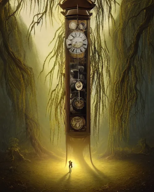 Image similar to highly detailed surreal vfx portrait of a cursed grandfather clock in a shadowy forest by a willow tree, stephen bliss, unreal engine, greg rutkowski, loish, rhads, beeple, makoto shinkai and lois van baarle, ilya kuvshinov, rossdraws, tom bagshaw, alphonse mucha, global illumination, detailed and intricate environment