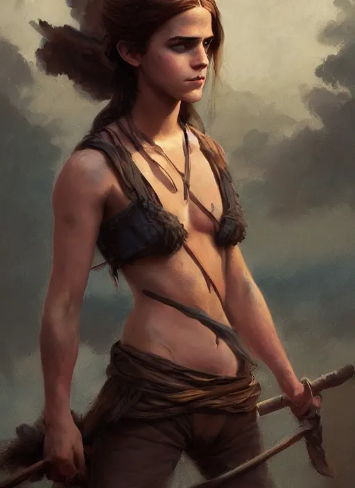 Image similar to hyper realistic photo of prehistoric pirate emma watson, full body, rule of thirds, conceptart, saturated colors, cinematic, greg rutkowski, brom, james gurney, mignola, craig mullins, artstation, cgsociety