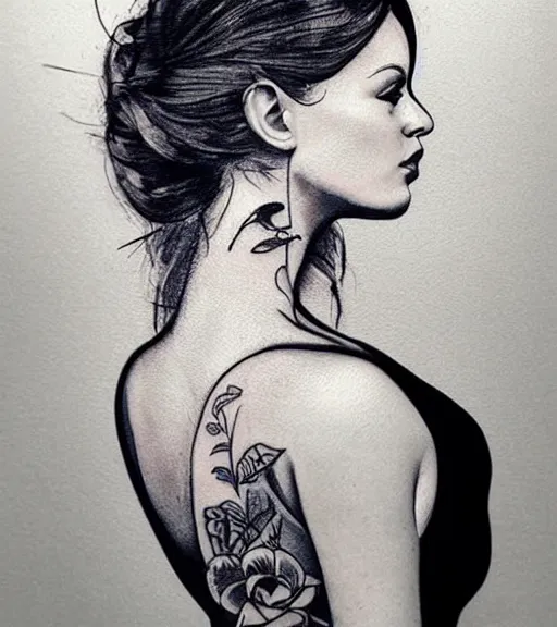 Image similar to tattoo design sketch of a beautiful woman with a background of beautiful mountains on her side, hyper - realistic, double exposure effect, in the style of den yakovlev, amazing detail, black and white, faded