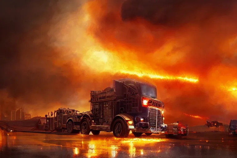 Image similar to a fire tornado picking up a tanker truck as it explodes, matte painting, long shot, concept art, wide shot, digital art, trending on artstation, 4 k, extremely detailed, realistic, midday, warm colors, golden sunlight, by greg rutkowski, cinematic, epic