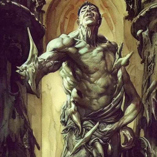 Image similar to Roguish Picaro Dsurion stands at the gates of Hades Hand Crafted By Rodin. Painting by greg rutkowski Donato Giancola Jeff Simpson norman rockwell stamp watercolor