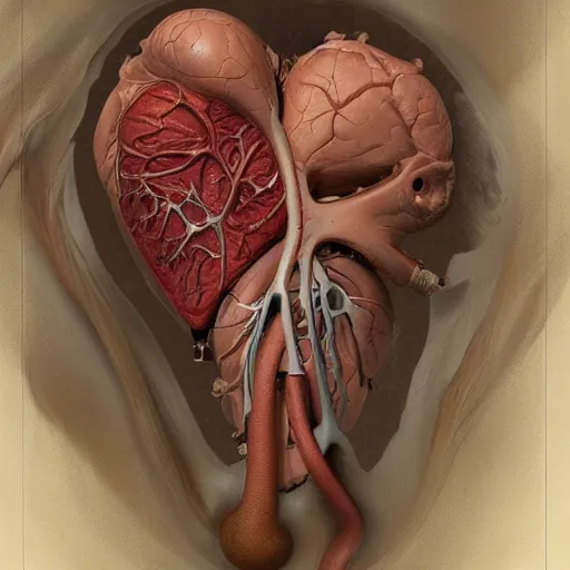 Prompt: cardiac anatomy, cardiac, anatomically correct, highly detailed digital painting, artstation, smooth, sharp focus, illustration, art by art germ and greg rutkowski and alphonse mucha