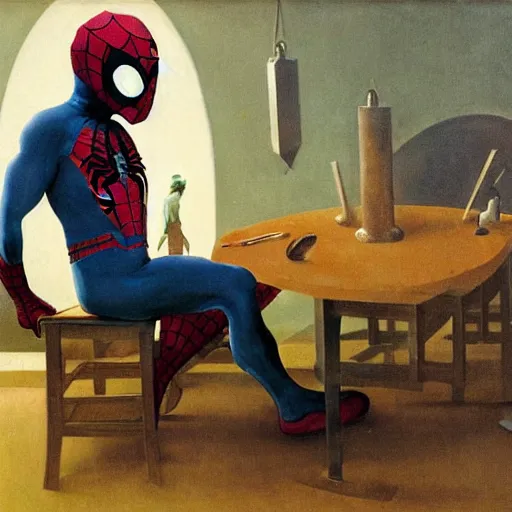 Image similar to Mysterio, Spider-Man, eating dinner, artwork by Franz Sedlacek,