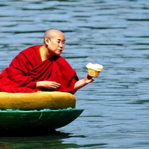 Image similar to !dream a Buddhist monk floating above water with an ice cream ::